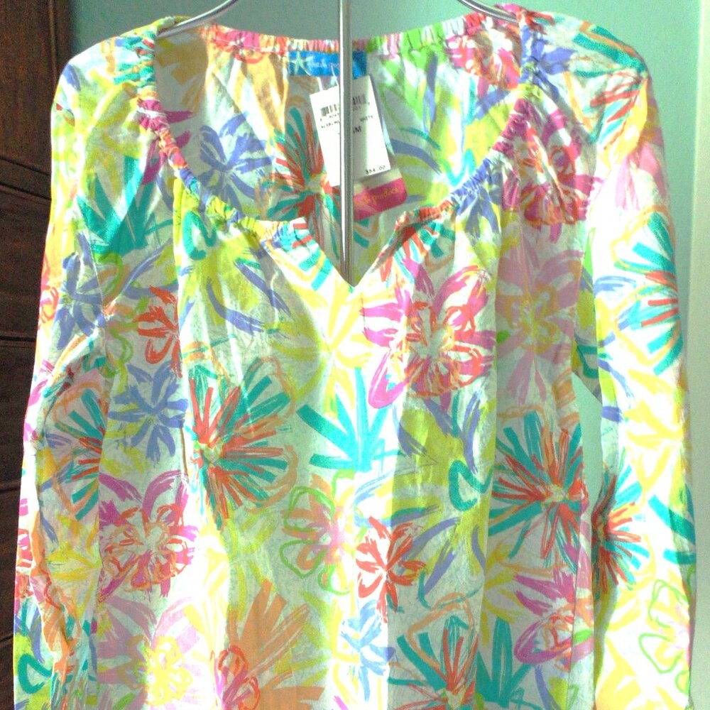 New XS S FRESH PRODUCE White Floral Hawaiian Long Sleeve Popover Cotton Top
